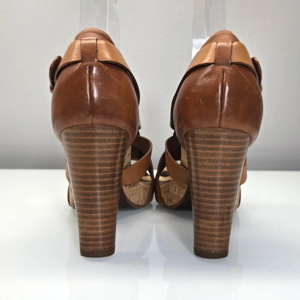 Vintage Y2K Cole Haan Leather Sandals 6B Brown Cork Chunky Platform Heel Strappy